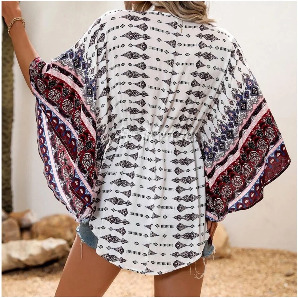 09 Geo Print Button up Waist Tie Loose Fit Top - Picture 2 of 5
